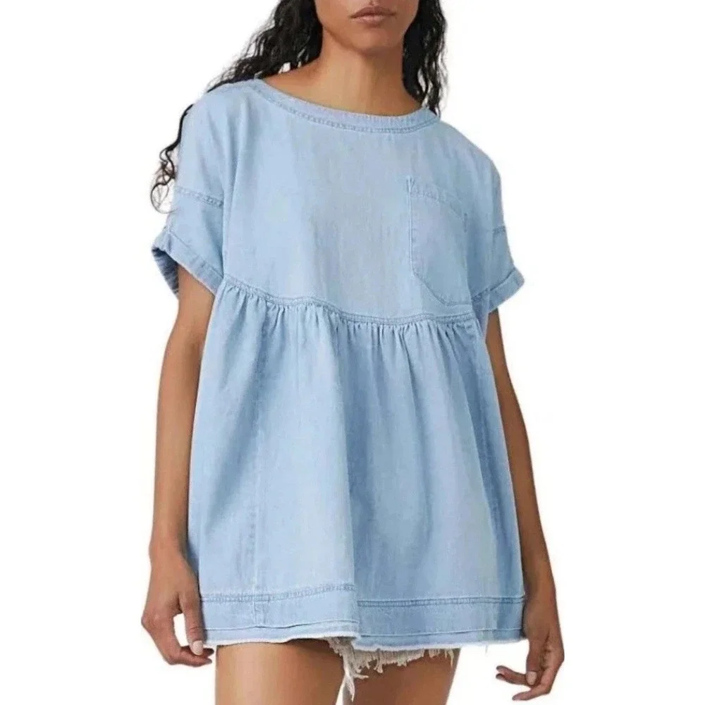 NWT FREE PEOPLE We The Free - Moon City Denim Oversized  Boho Top Women's Size S